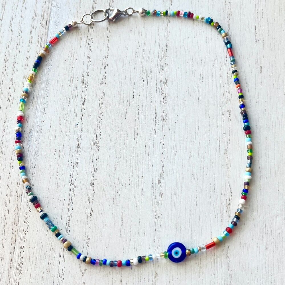 Multi-Colored 90s Style Mixed Bead Necklace w/ Indigo Blue Evil Eye Bead